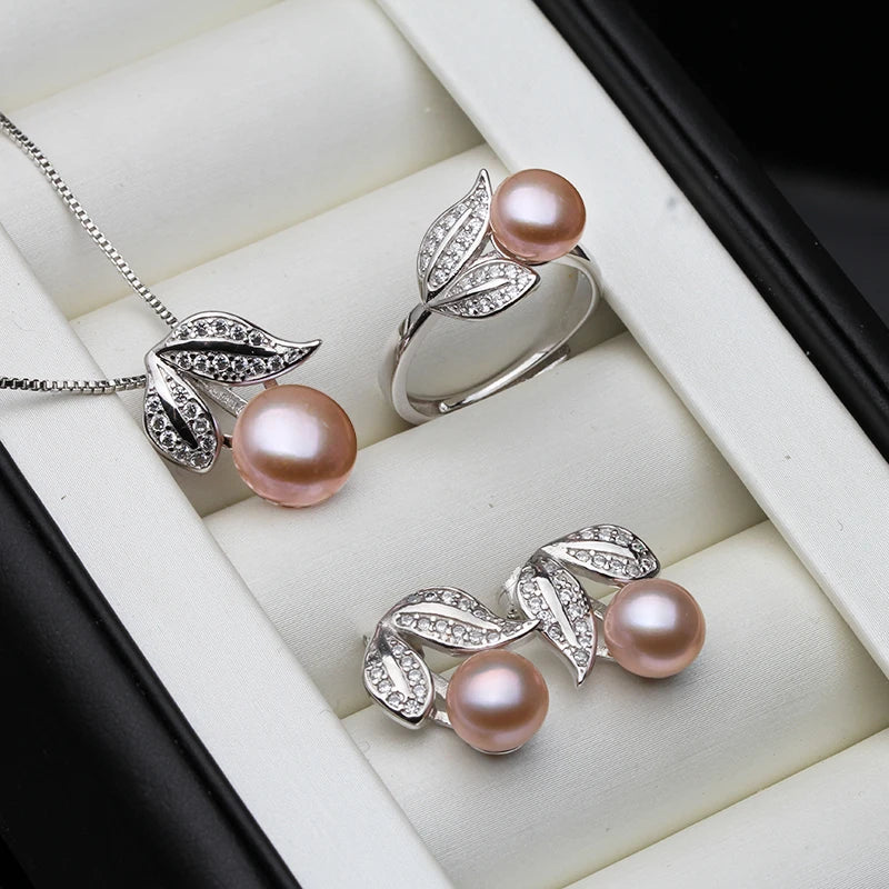 Natural Freshwater Pearl Necklace and Earring Set for Women in 925 Sterling Silver - Elegant Jewelry Gift