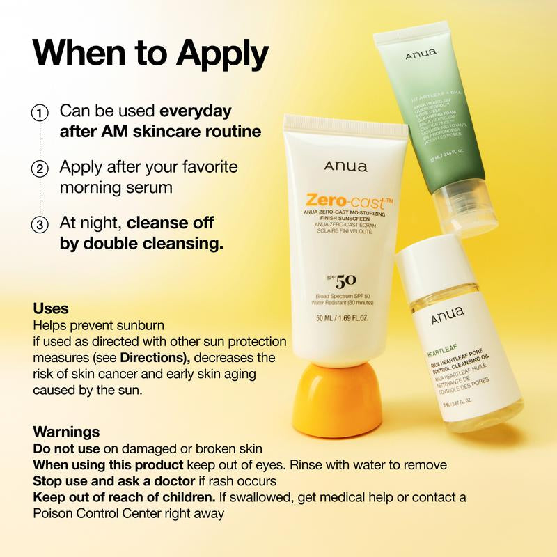[Anua Official Shop] Zero-Cast Moisturizing Finish Sunscreen (50Ml) ｜SPF 50, Korean Sunscreen, Sun Protection, Waterproof, No White Cast, Lightweight, Korean Skincare, Makeup Longevity