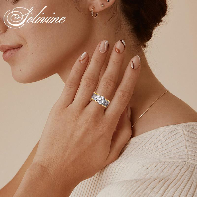 SOLIVINE Oval Cut Ring, Two Tone Gold Band, Vintage Engagement Ring for Women, 925 Silver Jewelry 5A Cubic Zirconia CZ Wedding Rings Gifts for Her