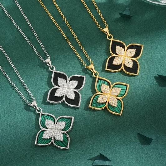 The Luxe Clover Necklace, two-color malachite four-leaf flower pendant luxury temperament necklace.gift for Queen