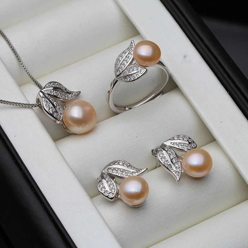 Natural Freshwater Pearl Necklace and Earring Set for Women in 925 Sterling Silver - Elegant Jewelry Gift