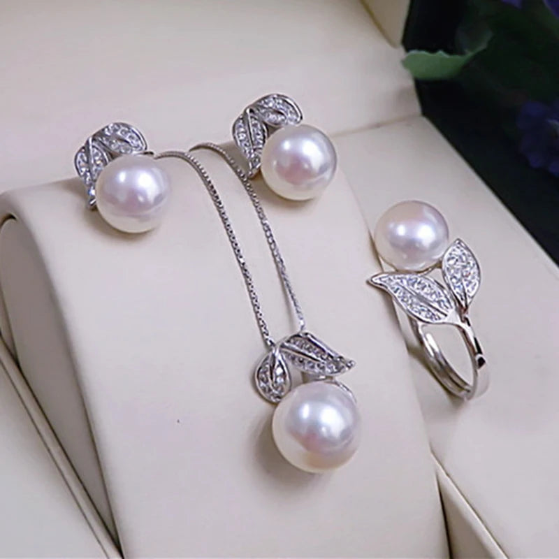 Natural Freshwater Pearl Necklace and Earring Set for Women in 925 Sterling Silver - Elegant Jewelry Gift