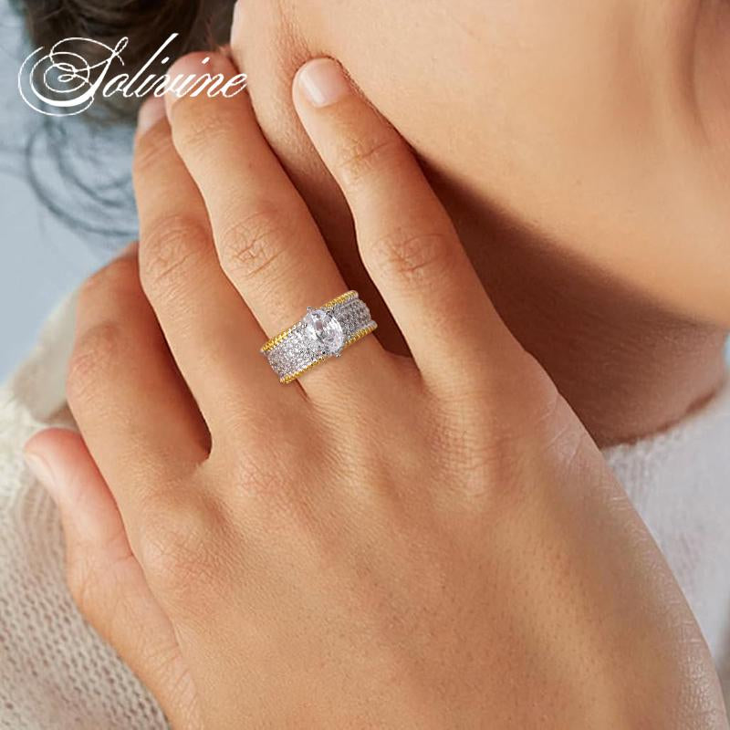 SOLIVINE Oval Cut Ring, Two Tone Gold Band, Vintage Engagement Ring for Women, 925 Silver Jewelry 5A Cubic Zirconia CZ Wedding Rings Gifts for Her