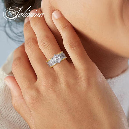 SOLIVINE Oval Cut Ring, Two Tone Gold Band, Vintage Engagement Ring for Women, 925 Silver Jewelry 5A Cubic Zirconia CZ Wedding Rings Gifts for Her