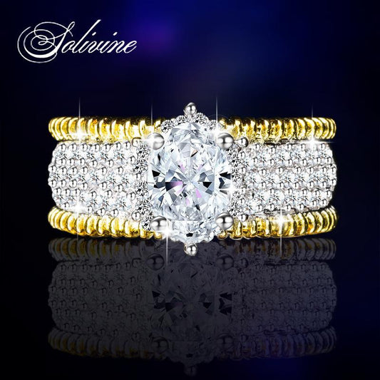 SOLIVINE Oval Cut Ring, Two Tone Gold Band, Vintage Engagement Ring for Women, 925 Silver Jewelry 5A Cubic Zirconia CZ Wedding Rings Gifts for Her