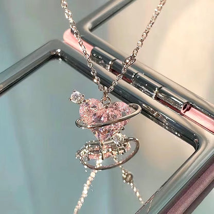Fashion Pink Planet Heart Zircon Necklace Women Charm Aesthetic Clavicle Chain Necklace Valentines Day Gift Party Jewelry